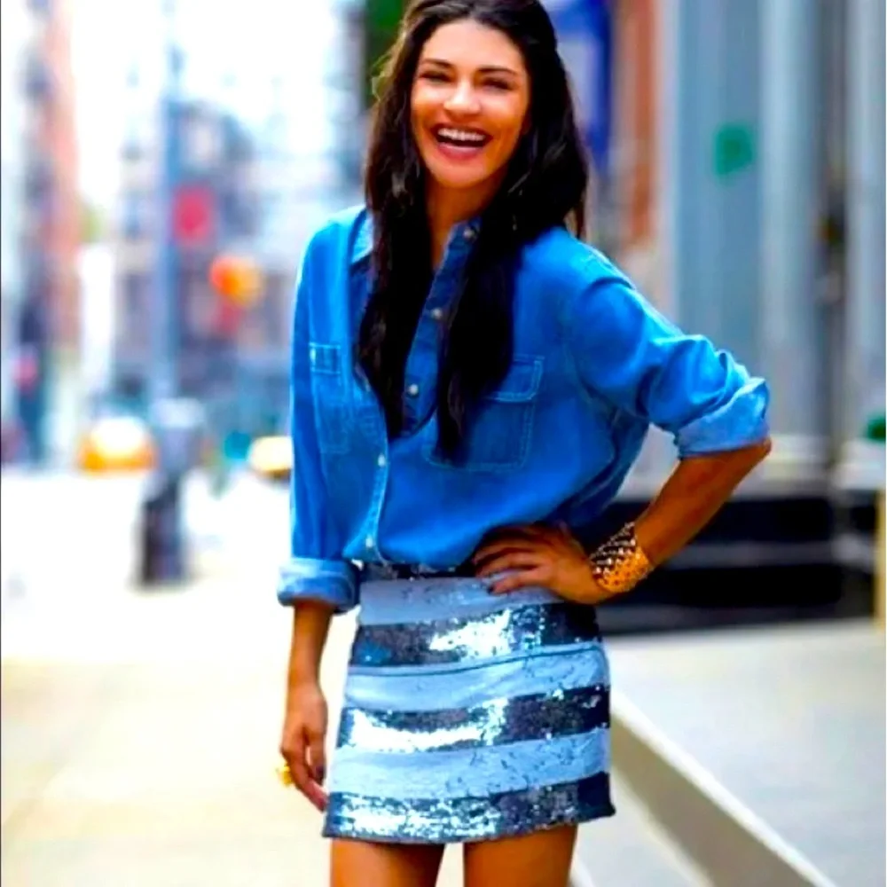 NEW Haute Hippie Striped Metallic Sequins 100% Silk Mini Skirt $395 MSRP LARGE - Picture 1 of 16